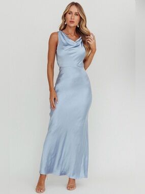 Selfie Leslie - Elegant Light Blue Satin Cowl Neck Maxi Dress NWT
